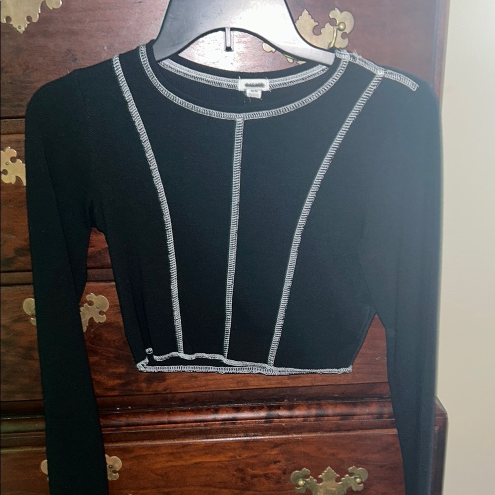 Garage Black Fitted Crop Blouse with Long Sleeves